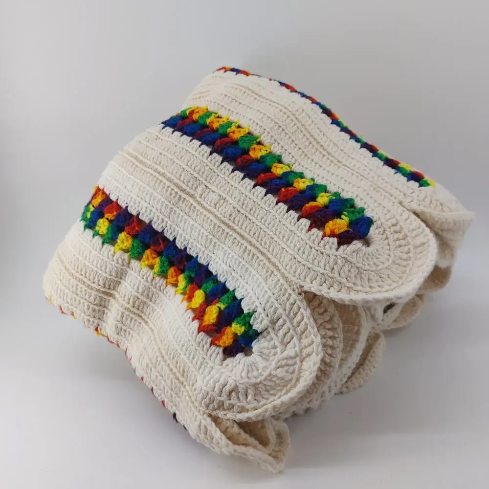 Afghan Blanket Crochet Scalloped Beige Striped Rainbow 83